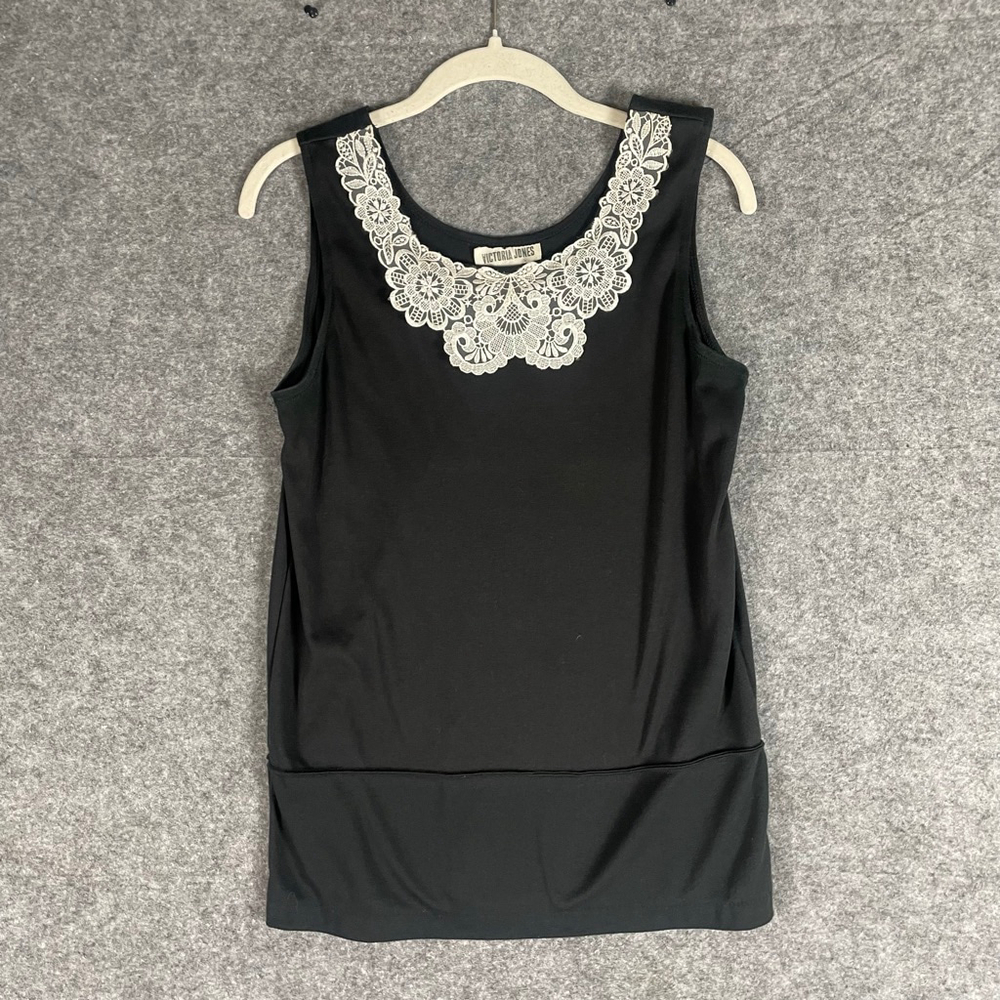 Vintage 90’s Victoria Jones Black Tank Top White Lace Crochet Collar Small - Picture 2 of 4